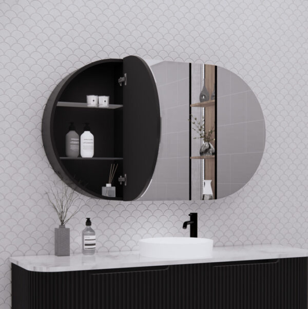 Modern oval mirrored bathroom cabinet with open shelving above a white vanity by Secasa Home