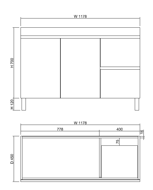 ABS Less Freestanding Vanity – Gloss White With Kickboard | 600–1500mm