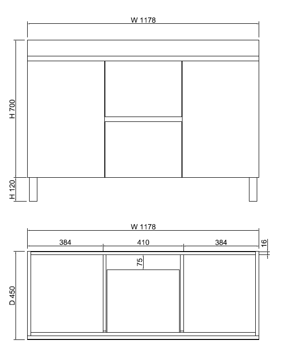 ABS Less Freestanding Vanity – Gloss White With Kickboard | 600–1500mm