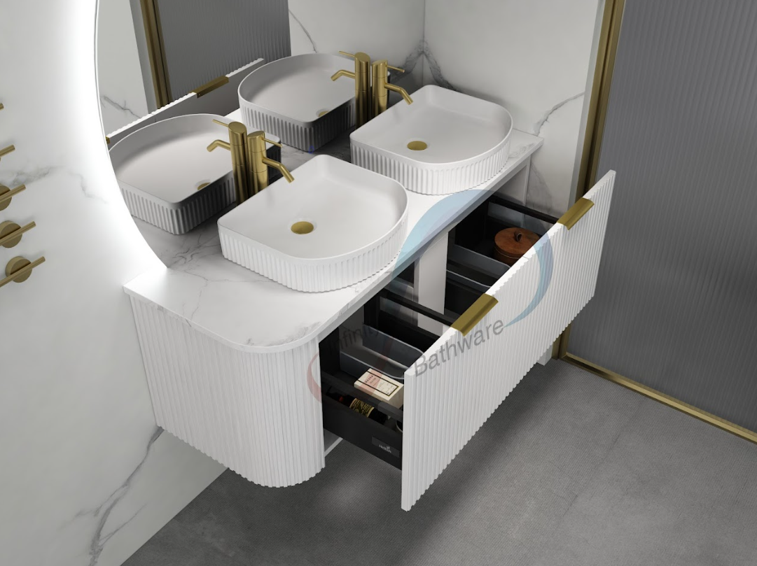 INFINITY Rio Right Corner Fluted Wall Hung Vanity – Matte White | 600–1500mm