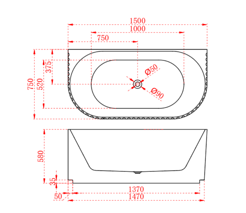 RIVA ROMA FLUTED BACK TO WALL BATHTUB – GLOSS WHITE & MATTE WHITE | Acrylic | Available in 1500mm & 1700mm Sizes