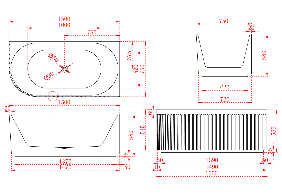 Technical drawing of modern freestanding bath with measurements, Secasa Home bathroom design