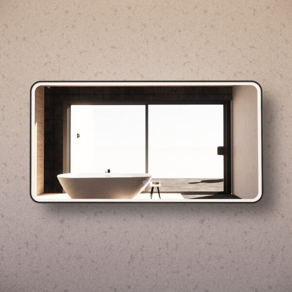 Modern freestanding bath in minimal bathroom, reflected in LED mirror, Secasa Home style