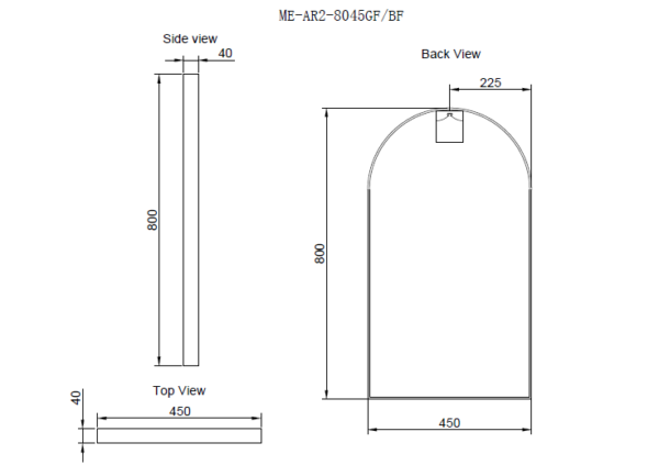 Arched bathroom mirror technical drawing with dimensions, Secasa Home modern vanity accessory
