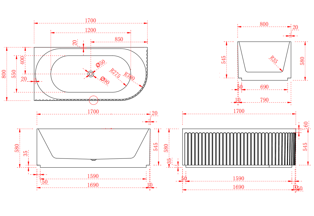 Modern fluted freestanding bath technical drawing with detailed measurements, Secasa Home