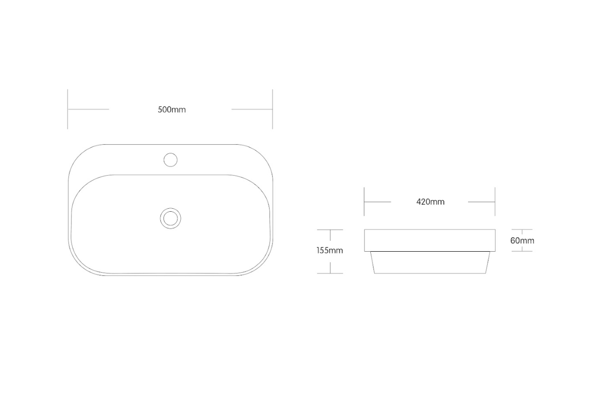 Technical drawing of a modern bathroom sink, 500mm wide, from Secasa Home.