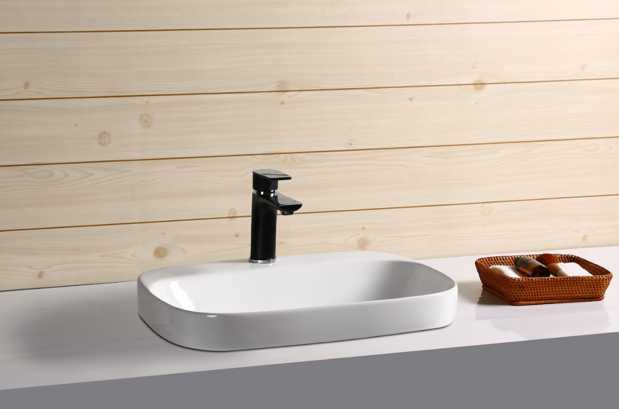 Modern white bathroom vanity basin with black tapware on countertop, Secasa Home style