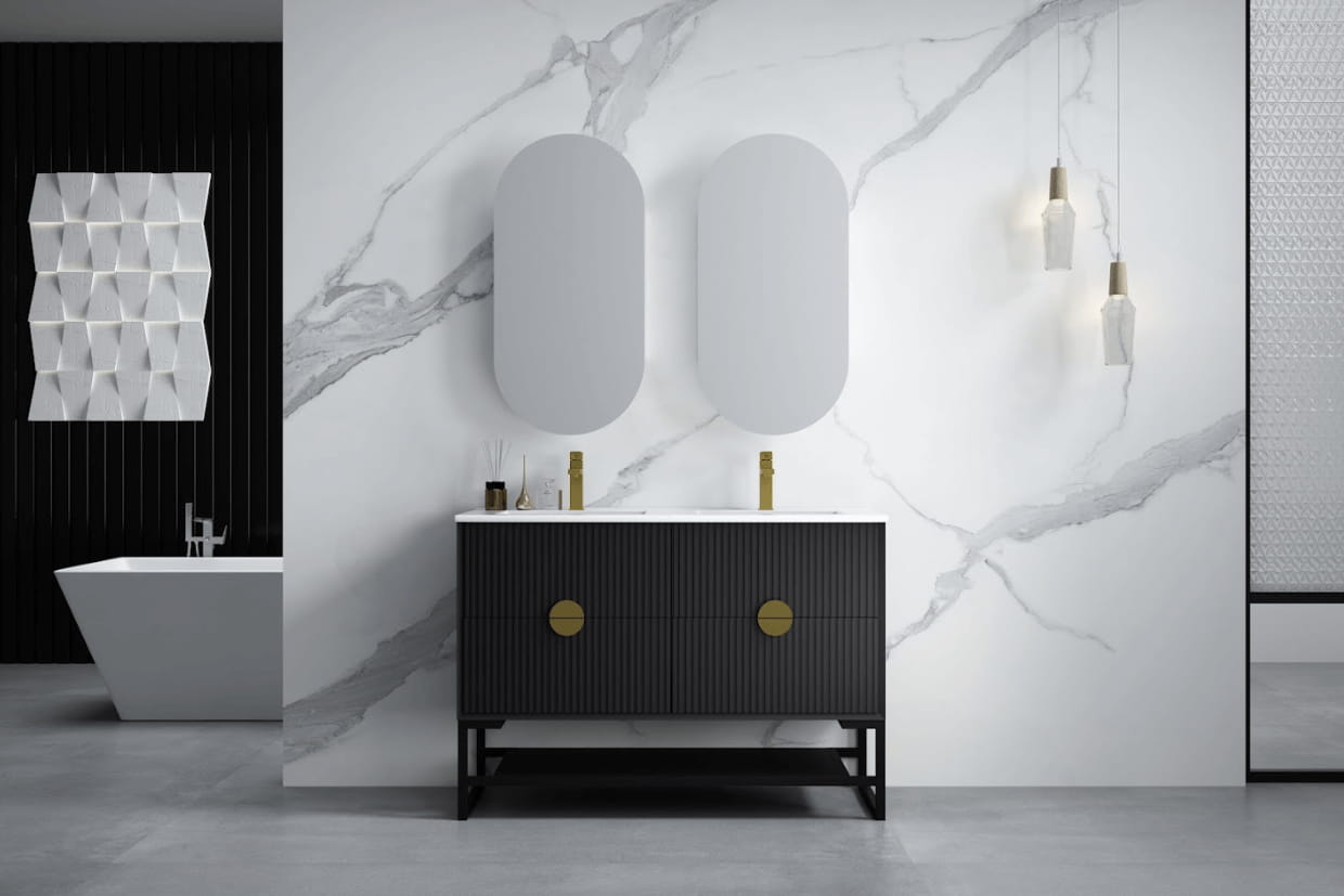 Modern bathroom with black vanity, dual mirrors, marble wall, and pendant lights from Secasa Home