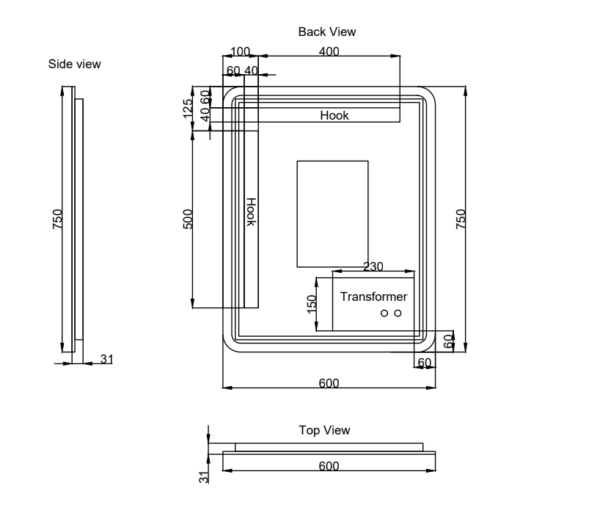 Technical drawing of modern wall-mounted bathroom mirror with dimensions, hooks, and transformer, ideal for Secasa Home renovations.