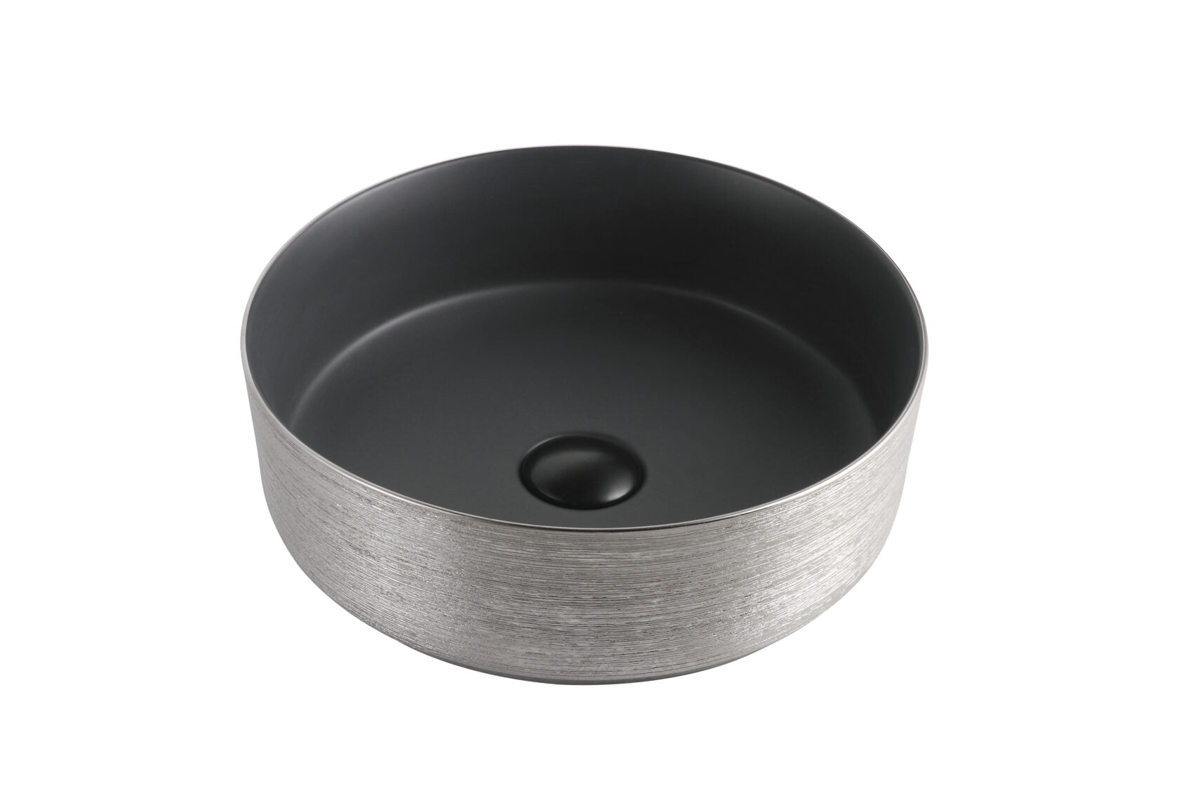 Modern round bathroom vanity basin with brushed metallic exterior and matte black interior from Secasa Home
