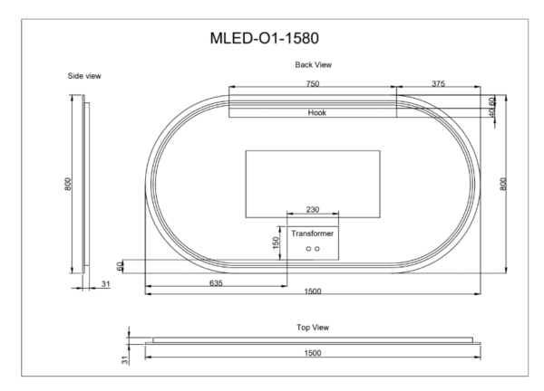 Technical drawing of Secasa Home LED bathroom mirror model MLED-O1-1580 with dimensions and side, back, and top views.