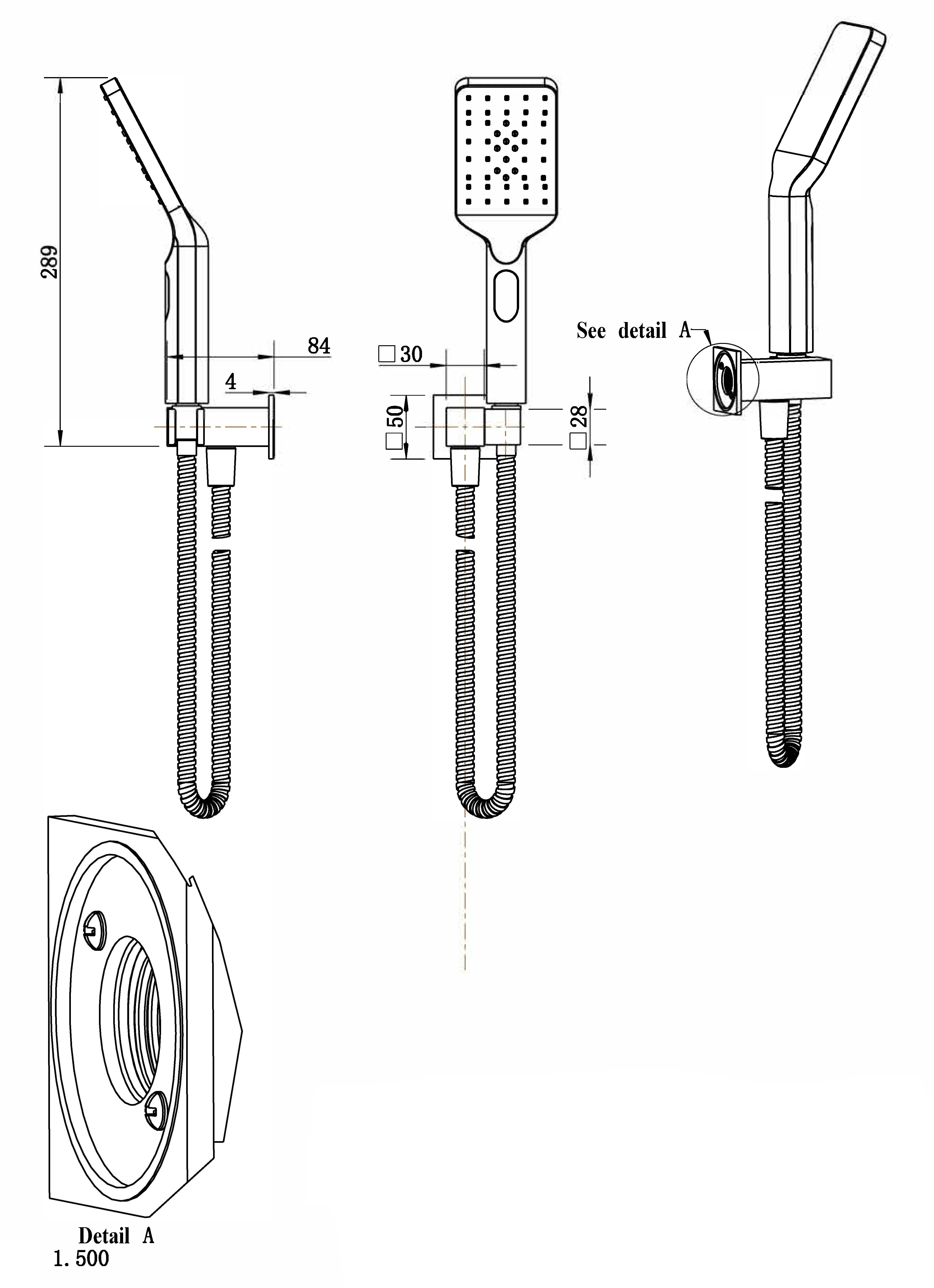 Technical drawing of modern square handheld shower, chrome finish, for Secasa Home bathrooms