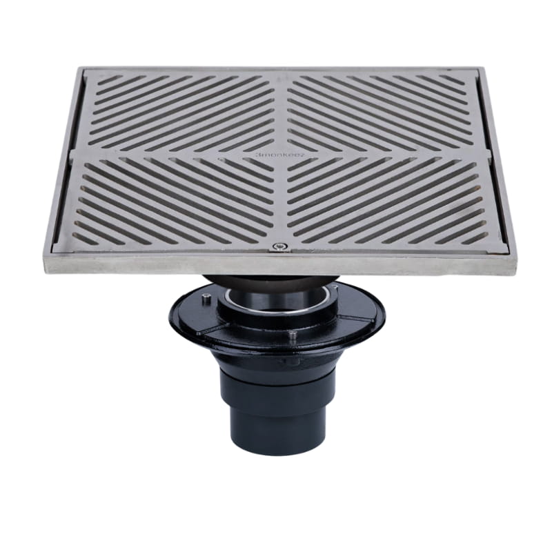 Stainless steel 300mm square floor waste drain kit with diagonal grate, plumbing fitting.