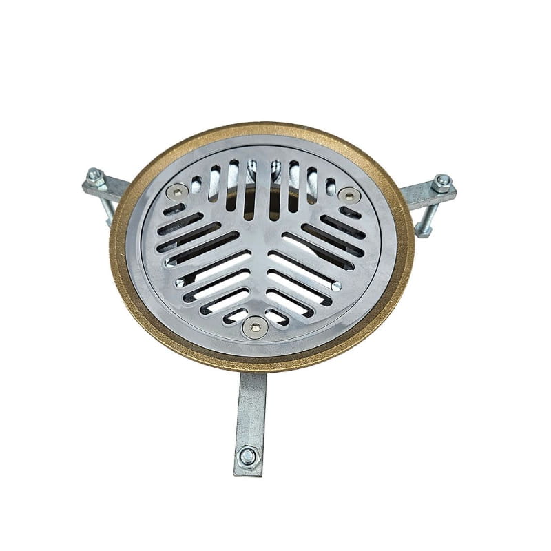 Brass and stainless steel floor waste drain with adjustable arms for timber floor installation.