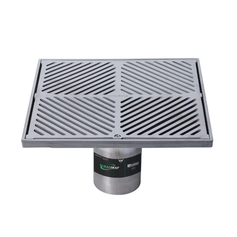 Stainless steel square floor waste arrestor with slotted grate, 100mm pipe, modern drainage