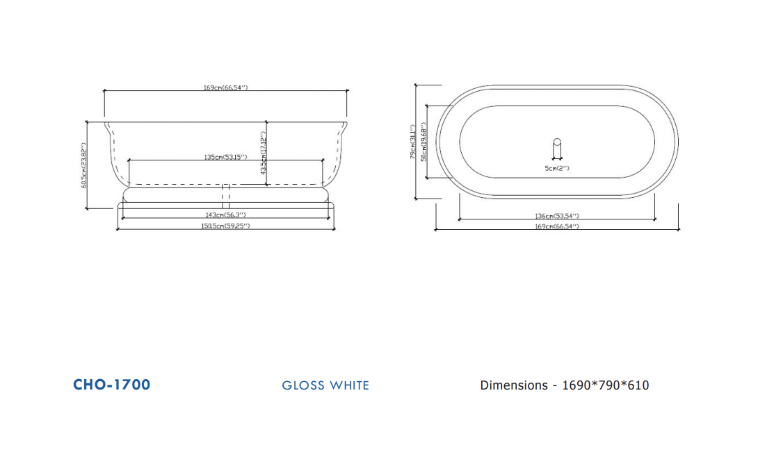 INFINITY Chloe Gloss White Traditional Freestanding Bathtub 1690mm