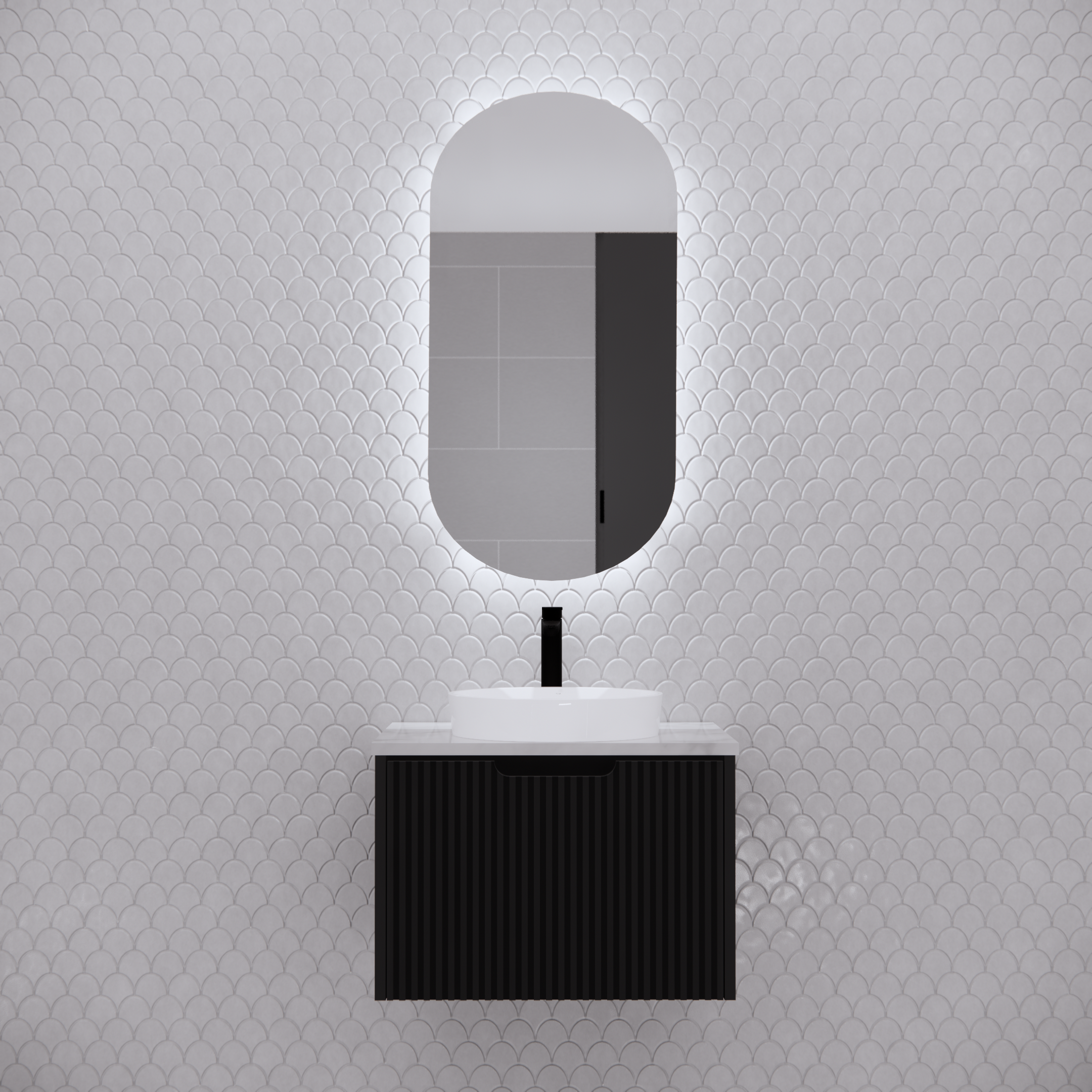 Modern black bathroom vanity with white basin and oval LED mirror against textured tile wall