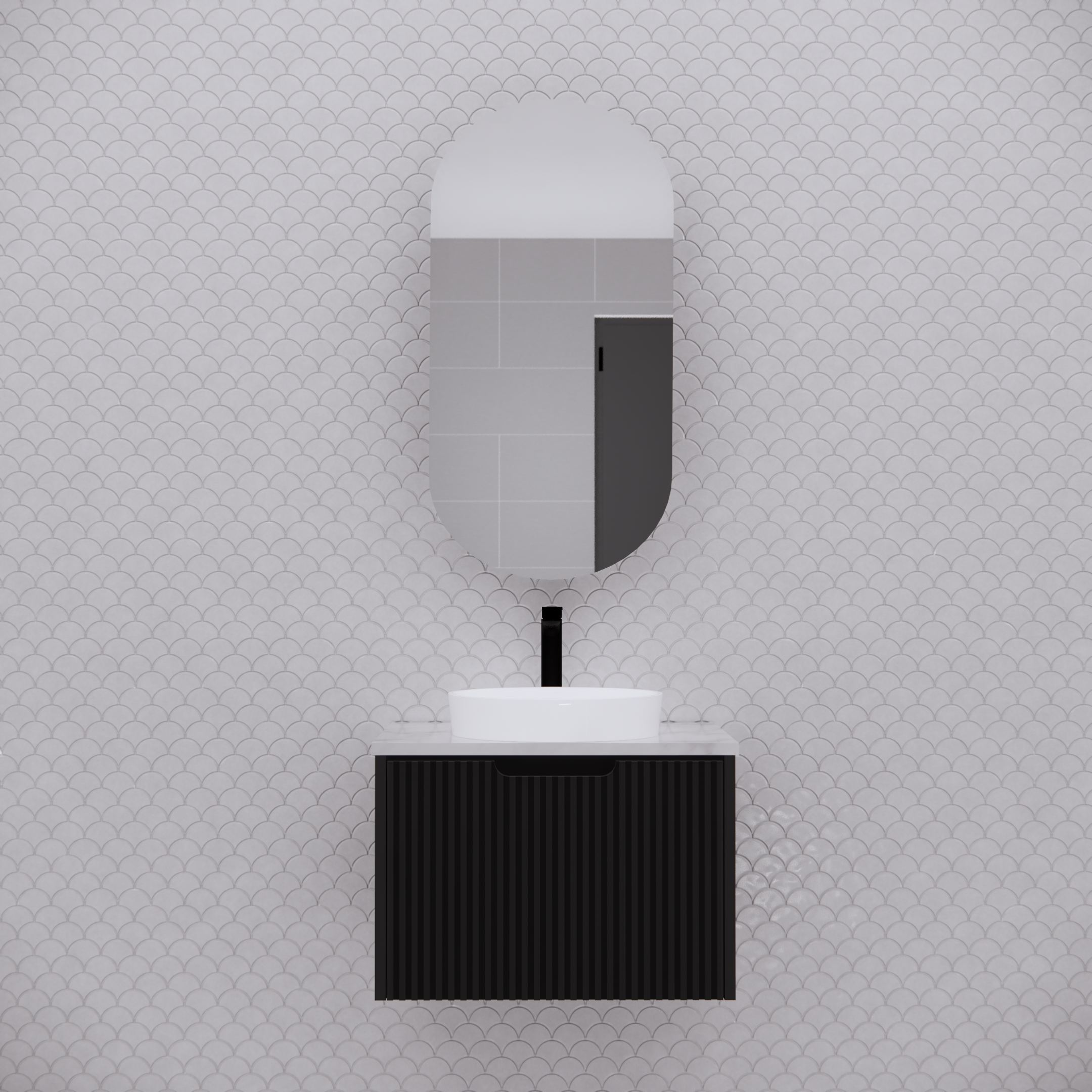 Modern black wall-hung bathroom vanity with white basin and arched mirror on textured tile wall