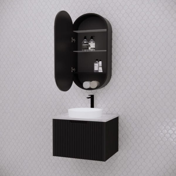 Modern black bathroom vanity with wall-mounted oval mirror cabinet, white basin, and matte tile wall