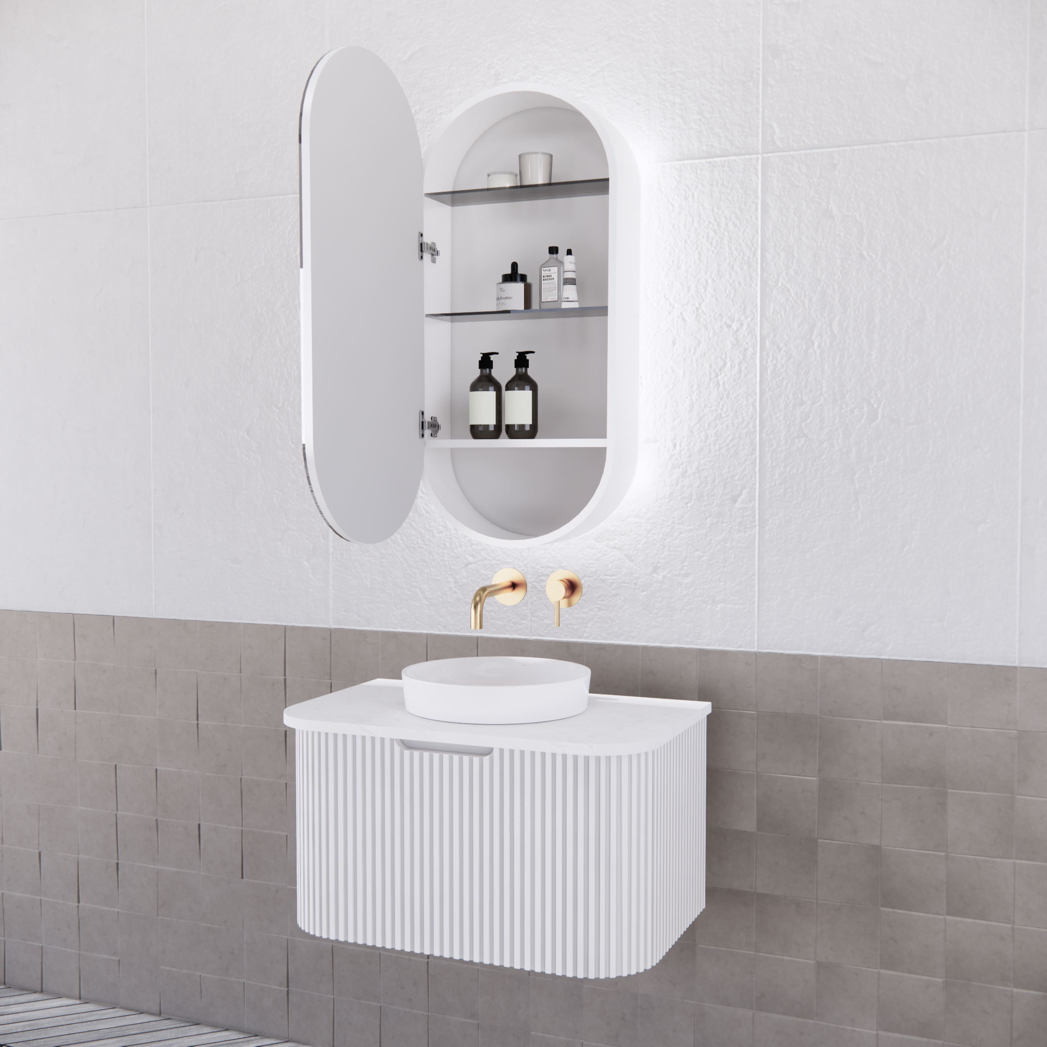 Modern white bathroom vanity set with oval mirror cabinet and gold tapware by Secasa Home
