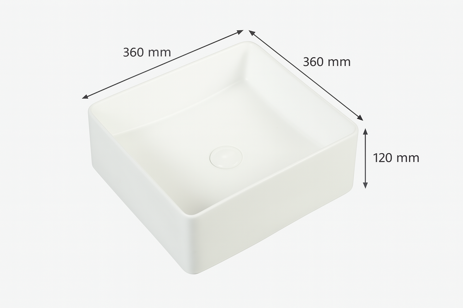 Modern white square bathroom basin 360x360x120mm from Secasa Home, shown with dimensions