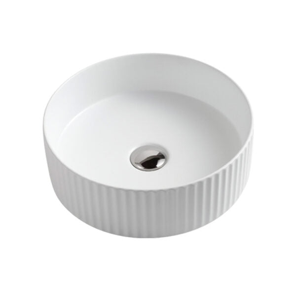 Modern round white ceramic bathroom basin with ribbed sides, Secasa Home vanity sink