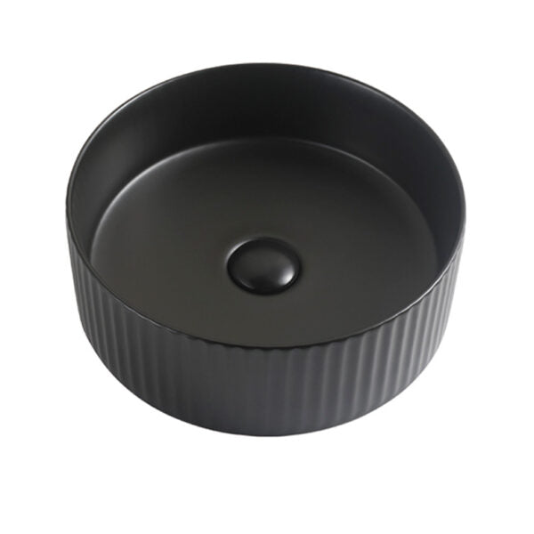 Modern matte black round bathroom vanity basin with ribbed exterior from Secasa Home