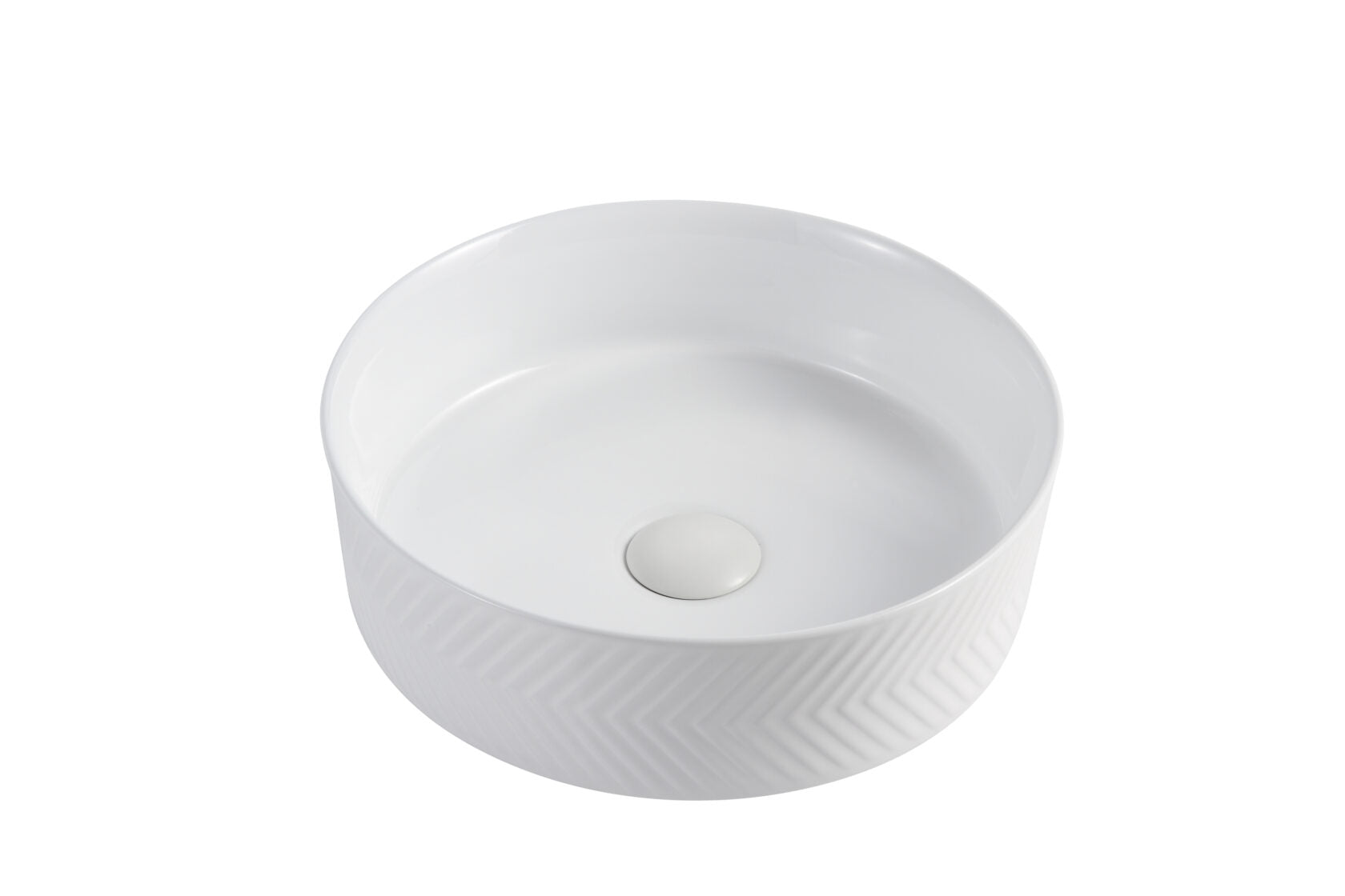 Modern round white bathroom basin with textured chevron design, Secasa Home vanity sink