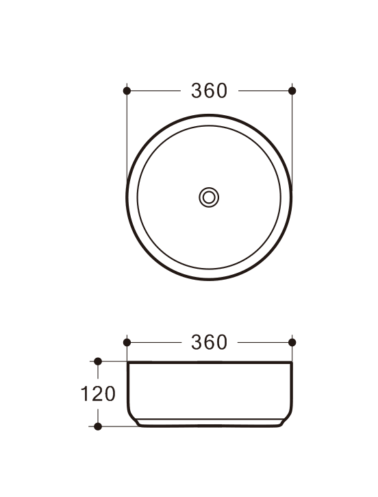 Round basin technical drawing with dimensions 360mm x 120mm from Secasa Home.