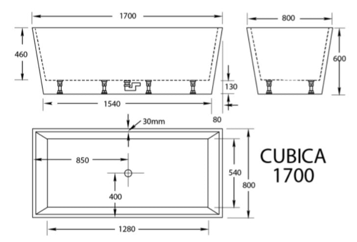 BROADWAY CUBICA FREE STANDING RECTANGLE BATH GLOSS WHITE 980MM, 1050MM, 1200MM, 1400MM, 1500MM , 1700MM