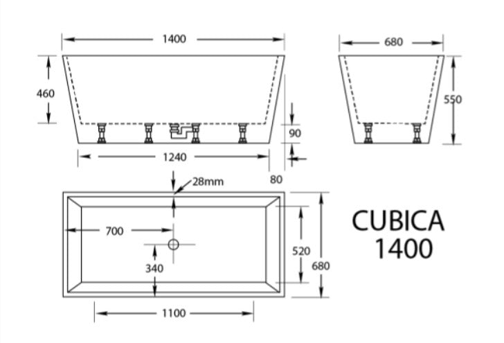 BROADWAY CUBICA FREE STANDING RECTANGLE BATH GLOSS WHITE 980MM, 1050MM, 1200MM, 1400MM, 1500MM , 1700MM
