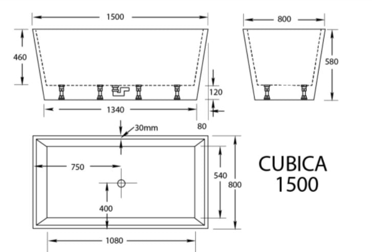 BROADWAY CUBICA FREE STANDING RECTANGLE BATH GLOSS WHITE 980MM, 1050MM, 1200MM, 1400MM, 1500MM , 1700MM