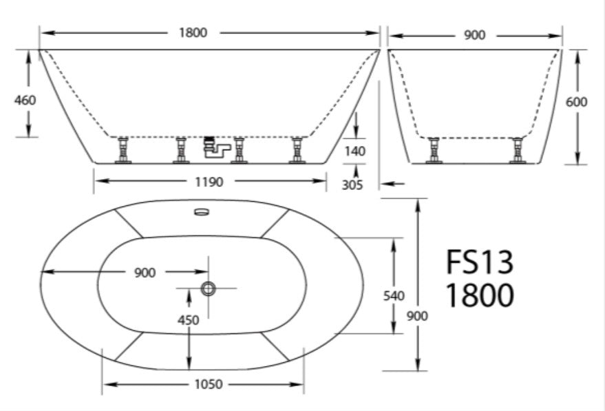 Broadway FS13 Freestanding Oval Gloss white Acrylic Bath – 1800mm | Gloss White or Black Exterior + White Interior