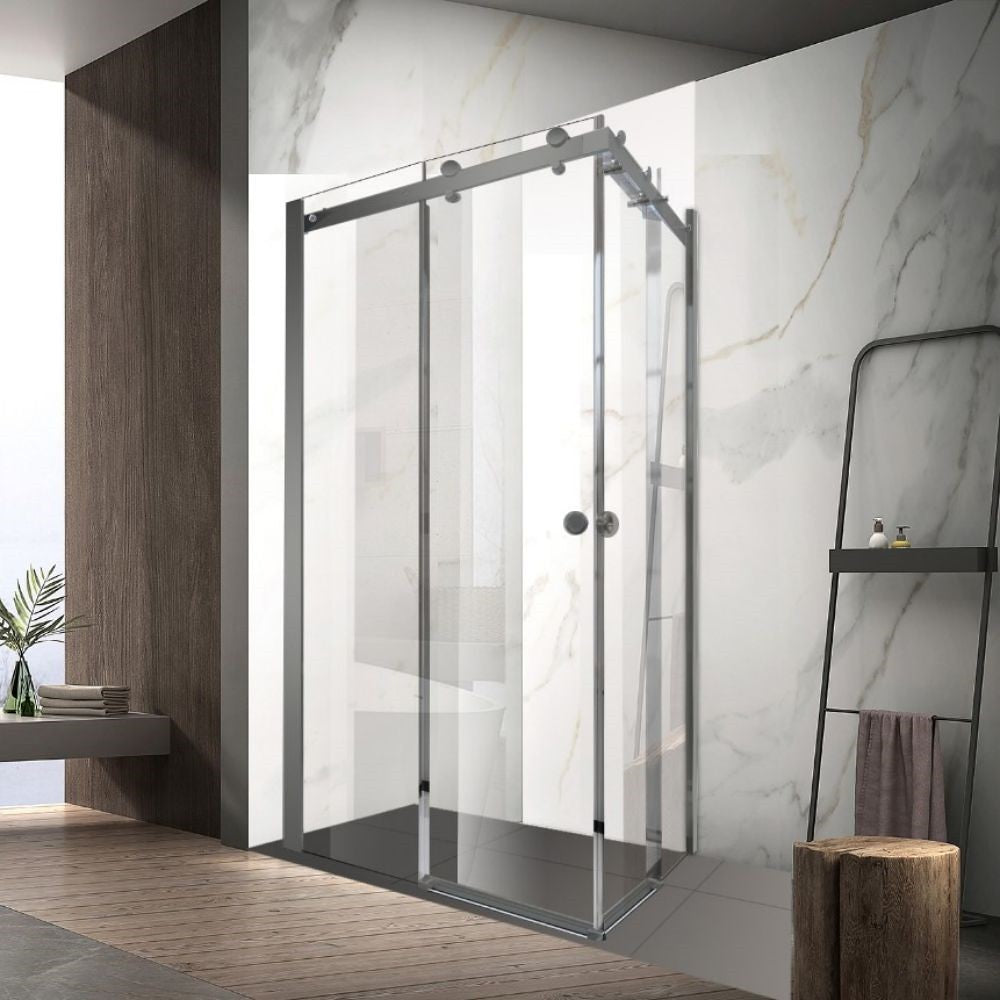 Sunny Gun Metal 900–1800×2000mm L Shape Frameless Clear Glass Double Sliding Door Shower Screen