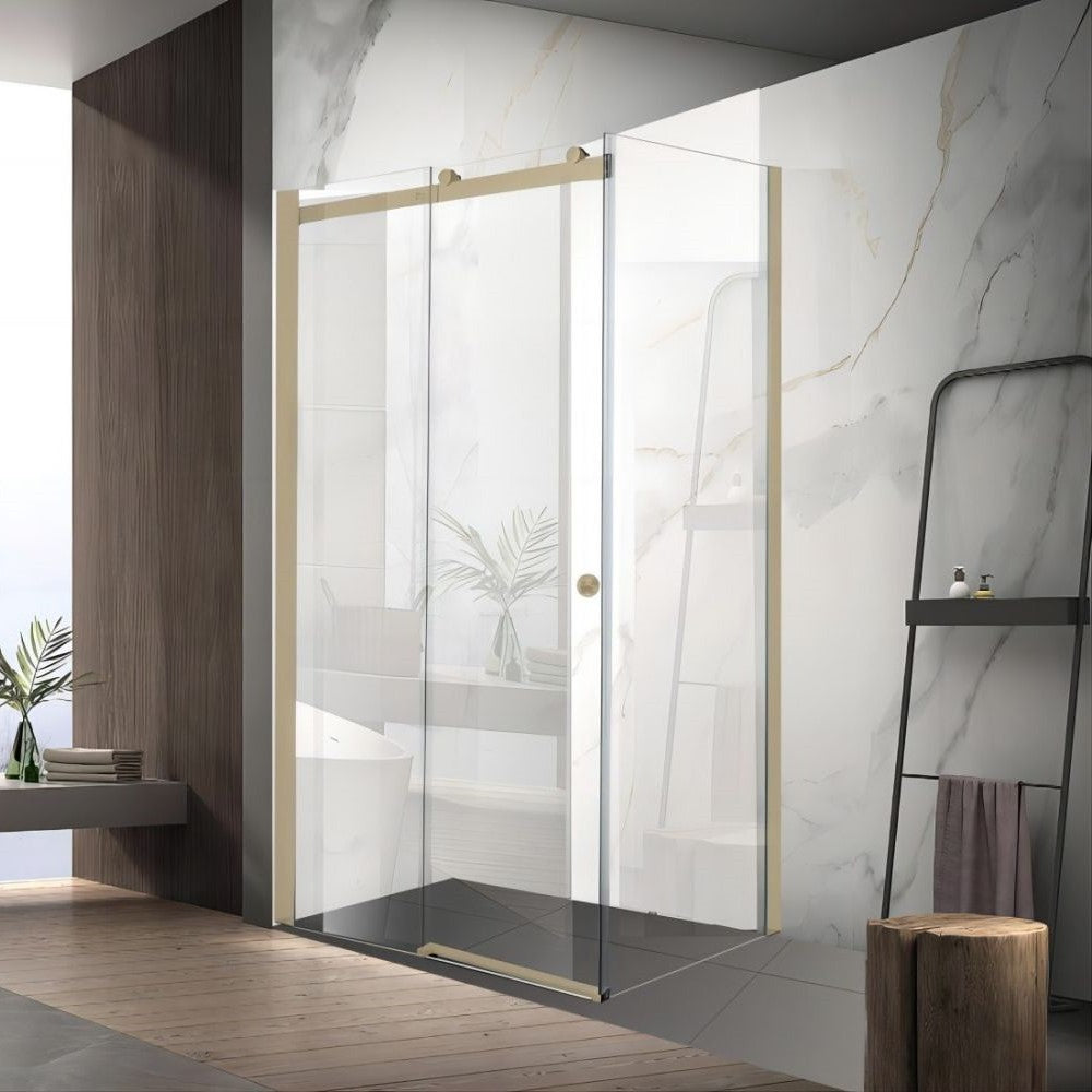 Sunny Brushed Gold 900–1800×2000mm L Shape Frameless Clear Glass Sliding Door Shower Screen