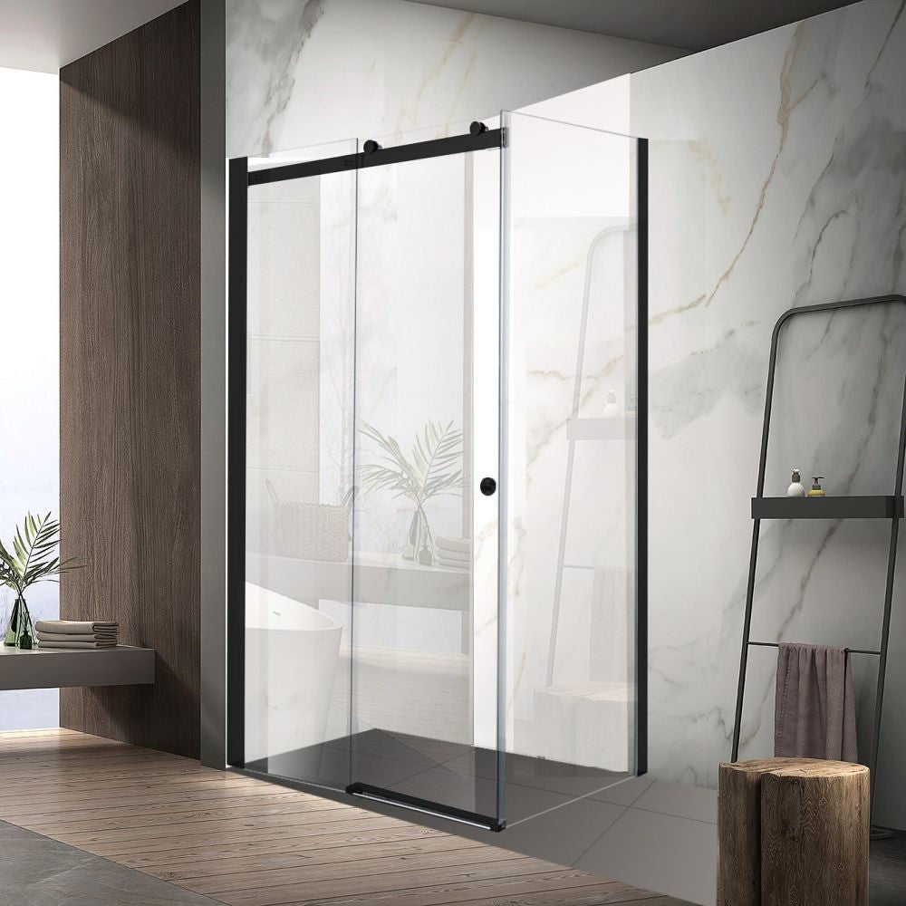Sunny Matt Black 900–1800×2000mm L Shape Frameless Clear Glass Sliding Door Shower Screen