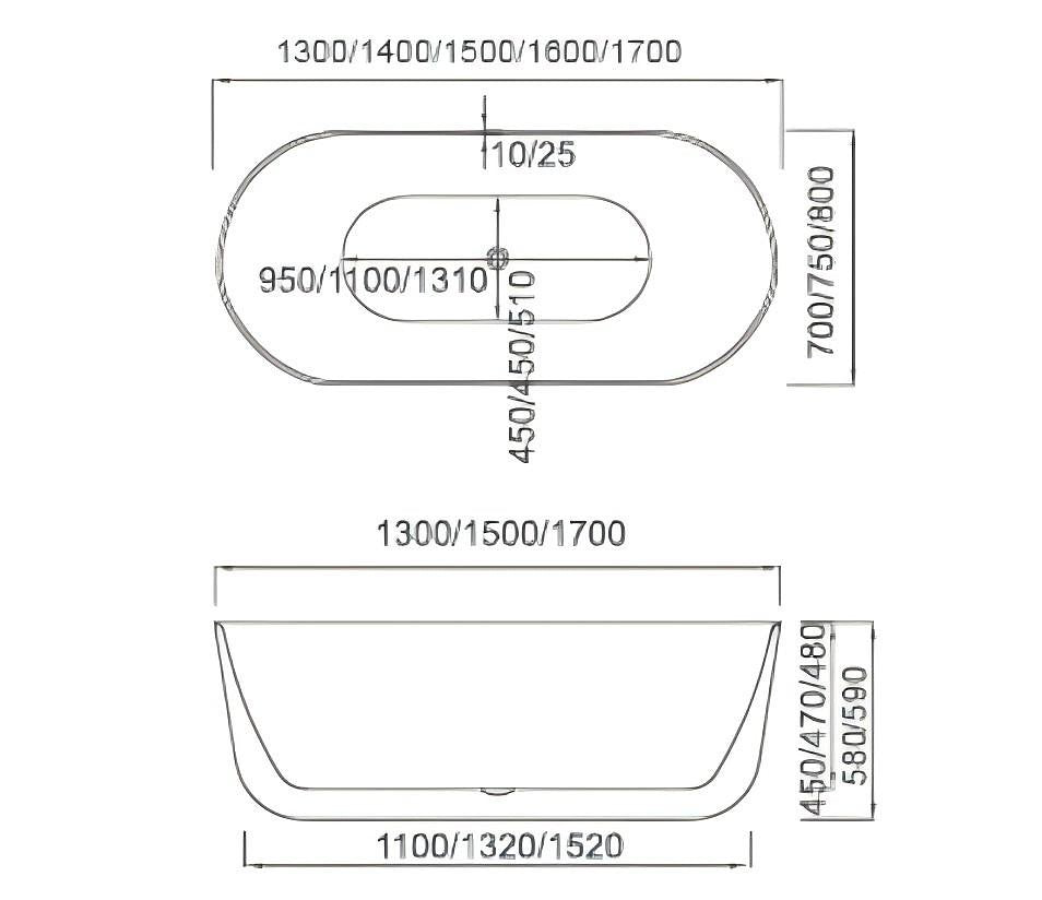 MERCIO ISEO Ultra-Slim Gloss White Oval Acrylic Freestanding Bathtub 1300–1700 × 700 × 580mm