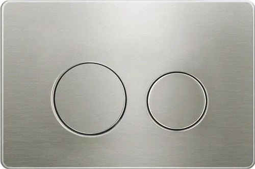 Modern brushed stainless steel dual flush toilet button, minimalist bathroom accessory