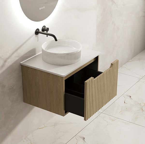 Mercio RHEA Natural Oak Fluted Wall Hung Vanity | 600–1500mm | Elegant Storage in Minimalist Design