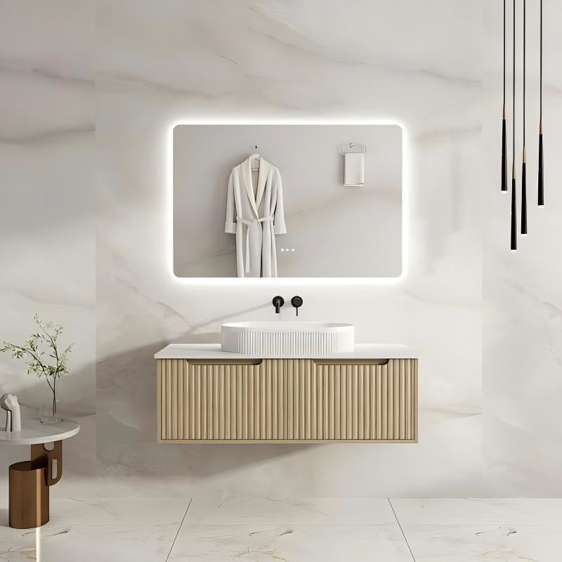 Mercio RHEA Natural Oak Fluted Wall Hung Vanity | 600–1500mm | Elegant Storage in Minimalist Design