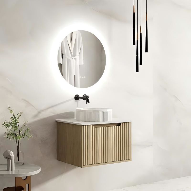 Mercio RHEA Natural Oak Fluted Wall Hung Vanity | 600–1500mm | Elegant Storage in Minimalist Design