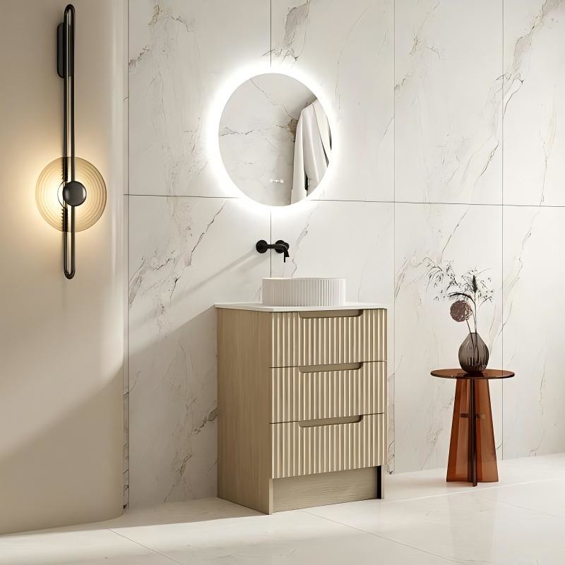 Mercio RHEA Natural Oak Fluted Freestanding Vanity with Kickboard | 600–1200mm