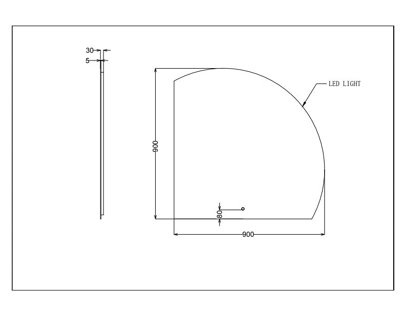 Secasa Home LED bathroom mirror technical drawing with dimensions and curved design