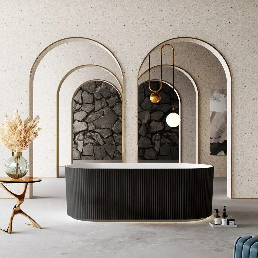 RIVA OSLO V-Groove Freestanding Matte Black & White Acrylic Bathtub Available in 1500mm & 1700mm