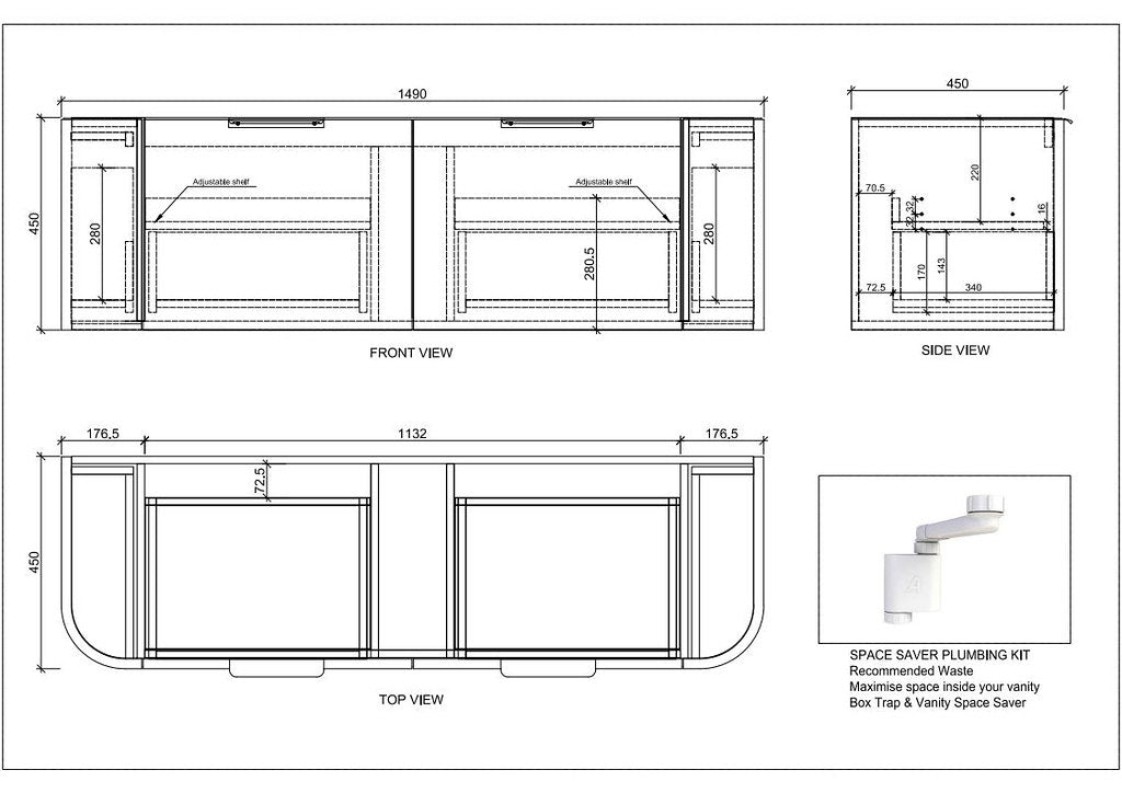 Riva Houston Wall Hung Vanity – Matte Black Curved | 600–1500mm