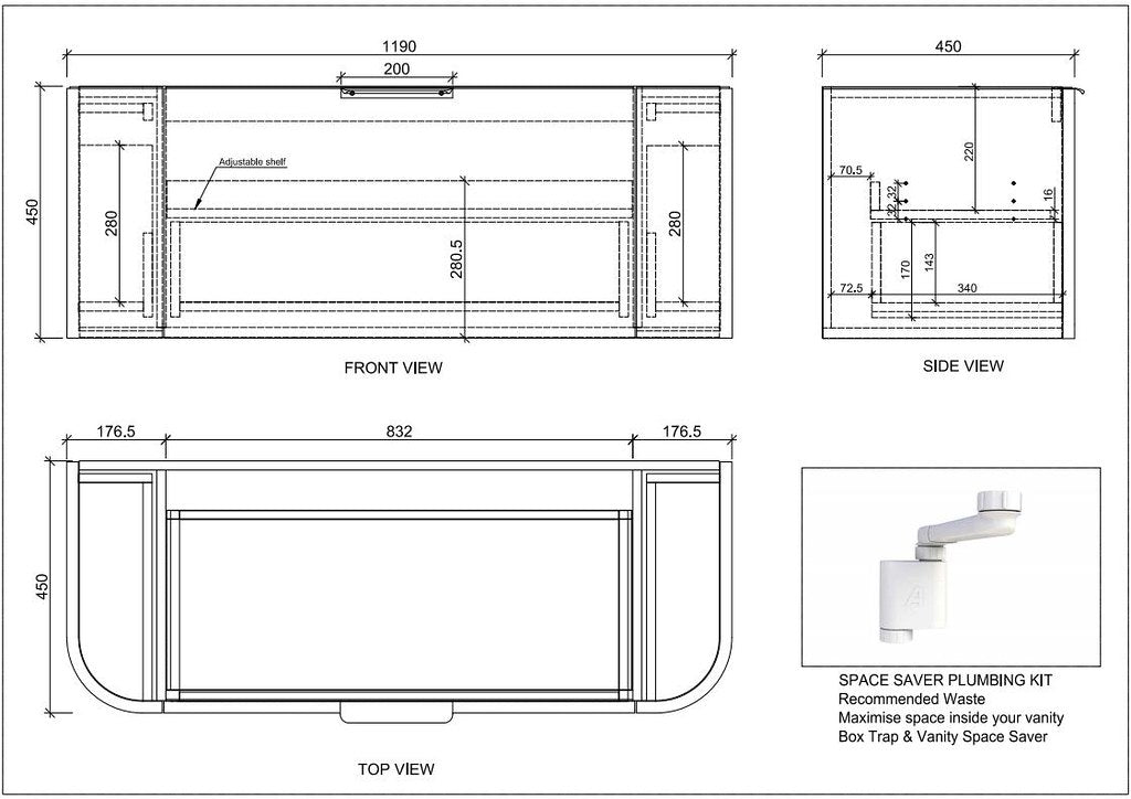 Riva Houston Wall Hung Vanity – Matte Black Curved | 600–1500mm