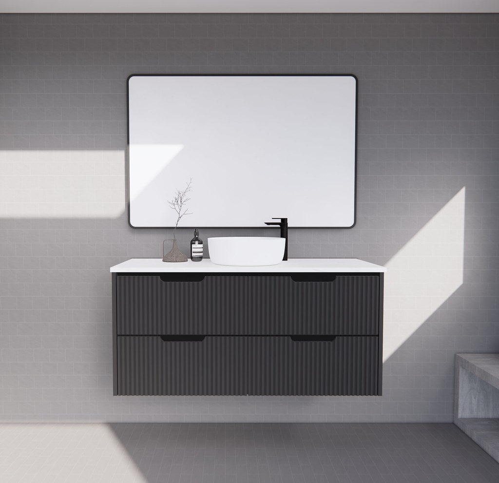 RIVA Bali Wall Hung Vanity – Matt Black Fluted | 600–1500mm