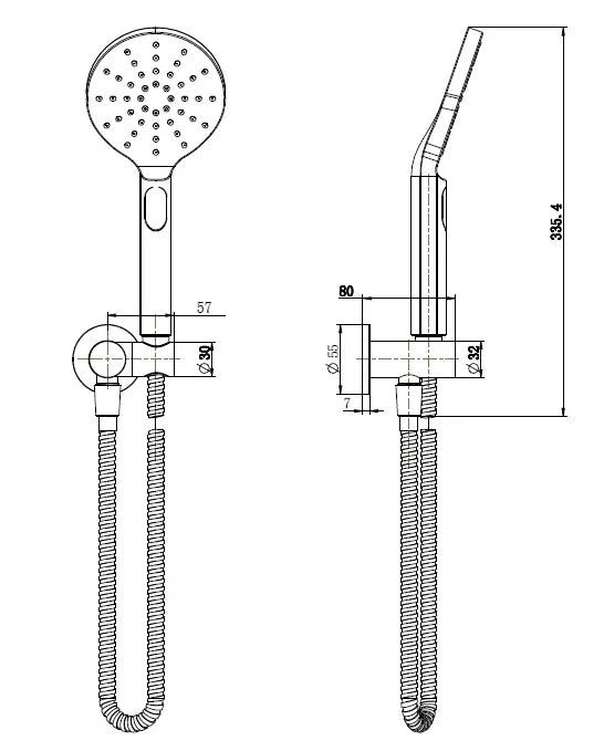 Technical drawing of modern bathroom hand shower with hose and dimensions, Secasa Home.