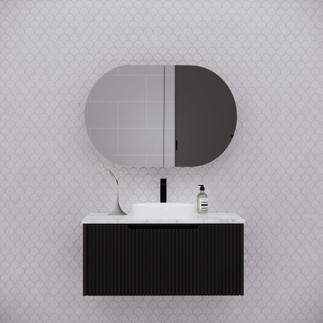 RIVA London Oval 870×600mm Shaving Cabinet l Matt Black/Matt White