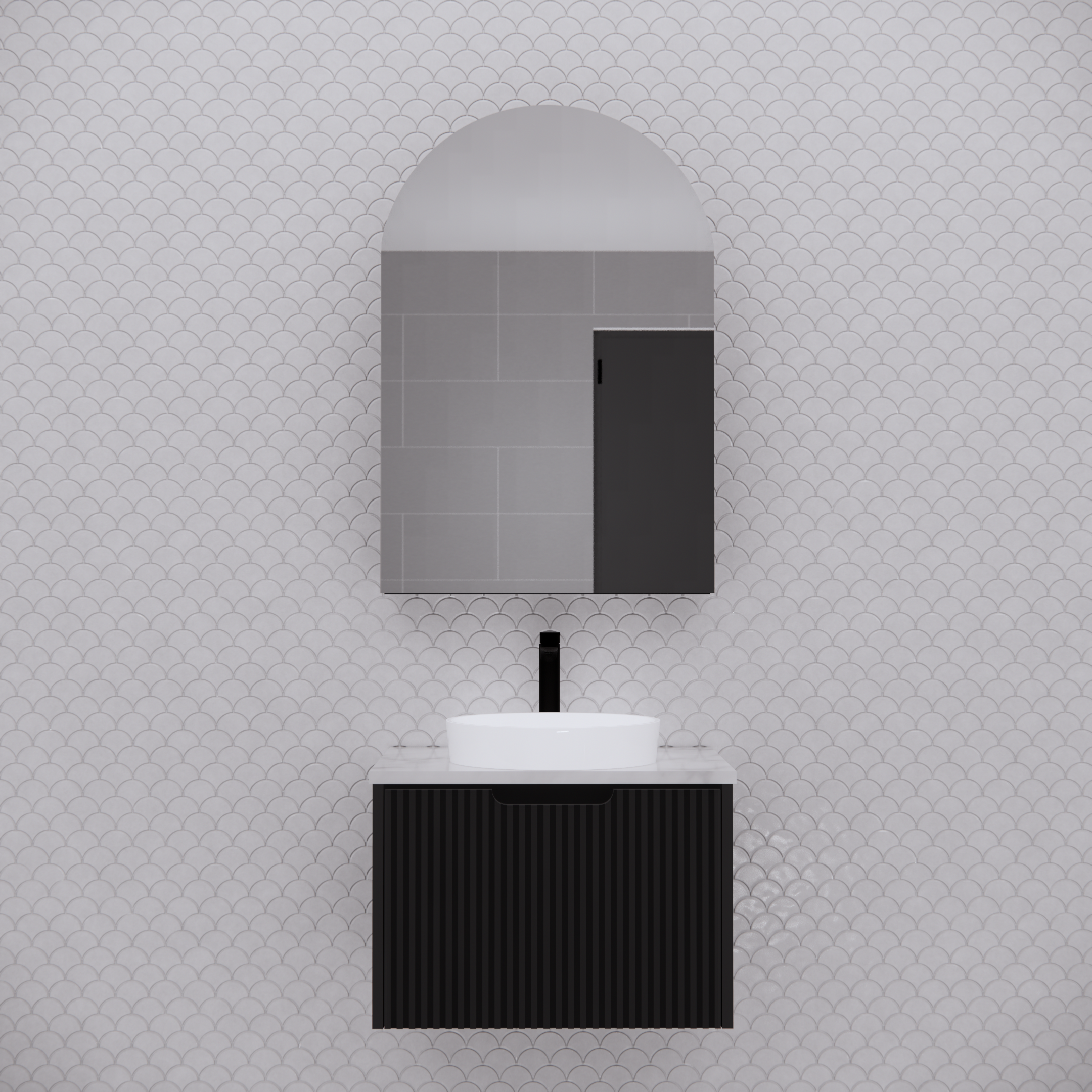 Modern black bathroom vanity with round basin and arched mirror, white tiled wall
